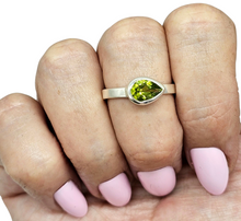 Load image into Gallery viewer, Peridot Ring, Size 8, Sterling Silver, August Birthstone, Side set Pear, Solitaire Ring, Destiny Stone, 16th Anniversary Gemstone - GemzAustralia 