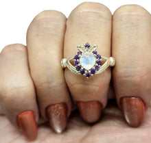 Load image into Gallery viewer, Rainbow Moonstone &amp; Amethyst Claddagh Ring, Size 9, Sterling Silver, Natural Gemstones, Symbol of Love, Friendship and Loyalty