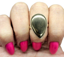 Load image into Gallery viewer, Pyrite in Magnetite Ring, Size 8.5, Sterling Silver, Pear Shaped, Apache Gold Gemstone, Confidence Stone