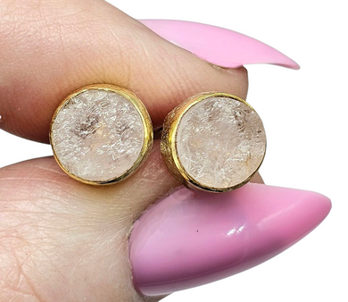 Raw Rose Quartz Studs, Gold Plated Sterling Silver, Round Shaped, Love Stone, Unconditional Love, Pink Gemstone - GemzAustralia 