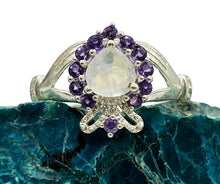 Load image into Gallery viewer, Rainbow Moonstone &amp; Amethyst Claddagh Ring, Size 9, Sterling Silver, Natural Gemstones, Symbol of Love, Friendship and Loyalty