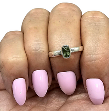 Load image into Gallery viewer, Faceted Moldavite Ring, Size 8, Sterling Silver, Meteorite Stone, Forest green / Olive green Gem, Holy Grail Stone - GemzAustralia 