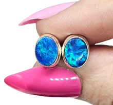 Load image into Gallery viewer, Australian Opal Studs, October Birthstone, Sterling Silver, Blue Green Opal Doublets, Love and Passion Stone, Genuine Gemstones - GemzAustralia 