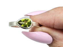 Load image into Gallery viewer, Peridot Ring, Size 8, Sterling Silver, August Birthstone, Side set Pear, Solitaire Ring, Destiny Stone, 16th Anniversary Gemstone - GemzAustralia 