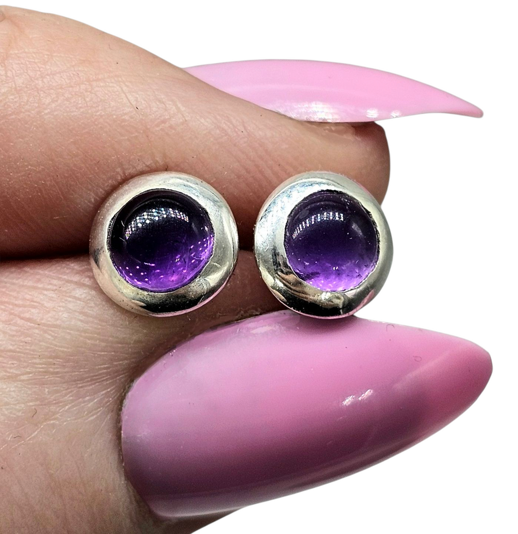 Purple Amethyst Studs, Sterling Silver, Round Cabochons, Solitaire studs, Bezel Set Earrings, February Birthstone - GemzAustralia 