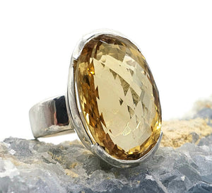 Citrine Ring, Size 7.5, Big Oval Shape, Sterling Silver, Checkerboard - GemzAustralia 