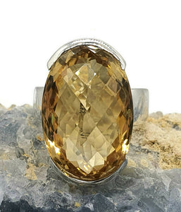 Citrine Ring, Size 7.5, Big Oval Shape, Sterling Silver, Checkerboard - GemzAustralia 