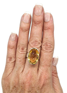 Citrine Ring, Size 7.5, Big Oval Shape, Sterling Silver, Checkerboard - GemzAustralia 