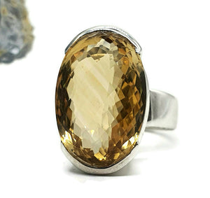 Citrine Ring, Size 7.5, Big Oval Shape, Sterling Silver, Checkerboard - GemzAustralia 