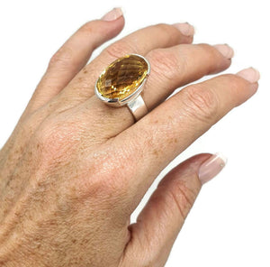 Citrine Ring, Size 7.5, Big Oval Shape, Sterling Silver, Checkerboard - GemzAustralia 