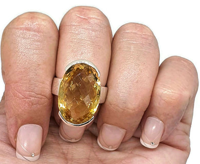 Citrine Ring, Size 7.5, Big Oval Shape, Sterling Silver, Checkerboard - GemzAustralia 