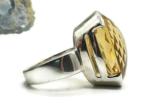 Citrine Ring, Size 7.5, Big Oval Shape, Sterling Silver, Checkerboard - GemzAustralia 