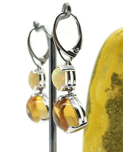 Ethiopian Opal & Citrine Earrings, Sterling Silver, Oval & Pear Shaped, Double Drop - GemzAustralia 