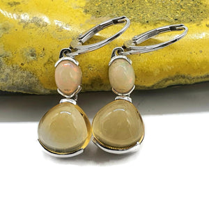 Ethiopian Opal & Citrine Earrings, Sterling Silver, Oval & Pear Shaped, Double Drop - GemzAustralia 