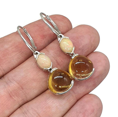 Ethiopian Opal & Citrine Earrings, Sterling Silver, Oval & Pear Shaped, Double Drop - GemzAustralia 