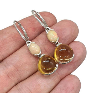 Ethiopian Opal & Citrine Earrings, Sterling Silver, Oval & Pear Shaped, Double Drop - GemzAustralia 