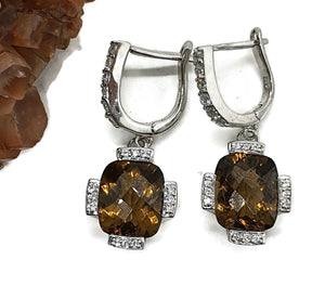 Citrine & Natural White Zircon Earrings, 925 Sterling Silver, Rectangle Earrings - GemzAustralia 