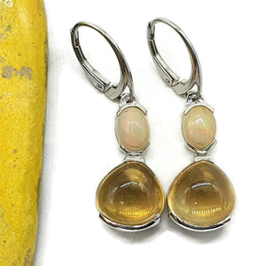 Ethiopian Opal & Citrine Earrings, Sterling Silver, Oval & Pear Shaped, Double Drop - GemzAustralia 
