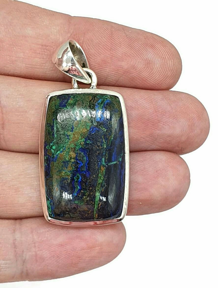 Azurite Malachite Pendant, Sterling Silver, Rectangle Shaped, Blue / Green Gemstone, Stone of Heaven - GemzAustralia 