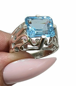 Blue Topaz Ring, Size 6.5, Sterling Silver, Emerald Faceted, Rectangle Shaped, December Birthstone - GemzAustralia 