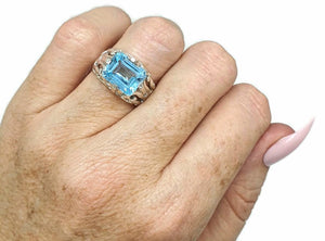 Blue Topaz Ring, Size 6.5, Sterling Silver, Emerald Faceted, Rectangle Shaped, December Birthstone - GemzAustralia 