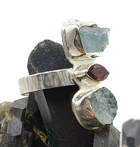 Raw Aquamarine & Garnet Ring, size 6, sterling silver, Birthstone gem - GemzAustralia 