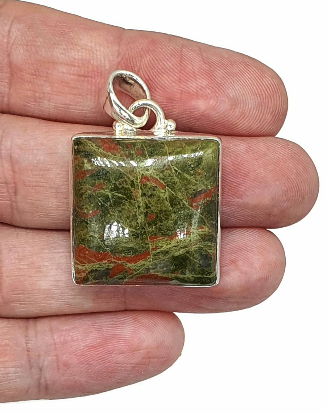 Unakite Pendant, Square Shaped, Sterling Silver, Balance Stone, Third Eye Chakra, Heart Chakra - GemzAustralia 