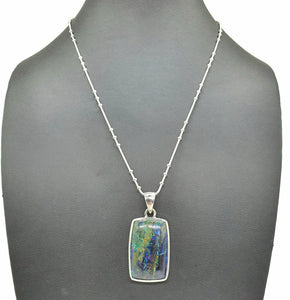 Azurite Malachite Pendant, Sterling Silver, Rectangle Shaped, Blue / Green Gemstone, Stone of Heaven - GemzAustralia 