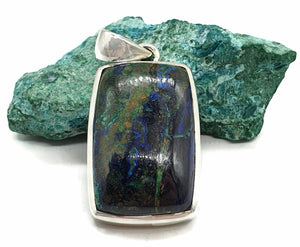 Azurite Malachite Pendant, Sterling Silver, Rectangle Shaped, Blue / Green Gemstone, Stone of Heaven - GemzAustralia 