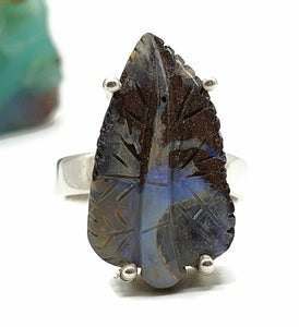 Boulder Opal Ring, Size 6.5, Carved Opal, Solid Opal, Australian Opal, Sterling Silver - GemzAustralia 