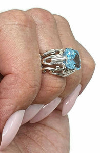 Blue Topaz Ring, Size 6.5, Sterling Silver, Emerald Faceted, Rectangle Shaped, December Birthstone - GemzAustralia 