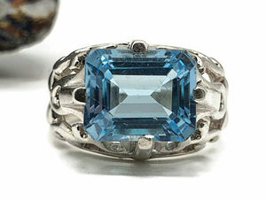 Blue Topaz Ring, Size 6.5, Sterling Silver, Emerald Faceted, Rectangle Shaped, December Birthstone - GemzAustralia 