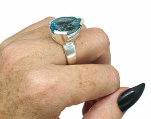 Blue Topaz Ring, Size 7.75, 18 Carats, Sterling Silver, Pear Shaped, December Birthstone, Natural - GemzAustralia 