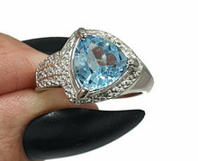 Load image into Gallery viewer, Blue Topaz &amp; Diamond halo Ring, Size 8, Sterling Silver, Trillion faceted - GemzAustralia 