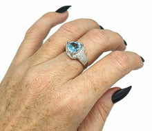 Load image into Gallery viewer, Blue Topaz &amp; Diamond halo Ring, Size 8, Sterling Silver, Trillion faceted - GemzAustralia 