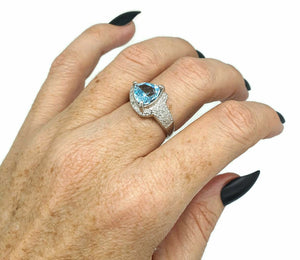 Blue Topaz & Diamond halo Ring, Size 8, Sterling Silver, Trillion faceted - GemzAustralia 