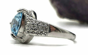 Blue Topaz & Diamond halo Ring, Size 8, Sterling Silver, Trillion faceted - GemzAustralia 