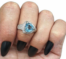 Load image into Gallery viewer, Blue Topaz &amp; Diamond halo Ring, Size 8, Sterling Silver, Trillion faceted - GemzAustralia 