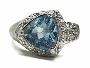 Blue Topaz & Diamond halo Ring, Size 8, Sterling Silver, Trillion faceted - GemzAustralia 