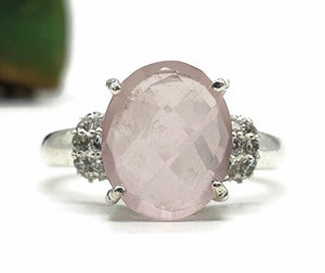 Rose Quartz Ring, Size 8.5, Sterling Silver, Oval Shape, 5 Carats - GemzAustralia 