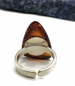 Amber Ring, Adjustable, size 7, Sterling Silver, Triangle Shaped, Cognac Baltic Amber - GemzAustralia 