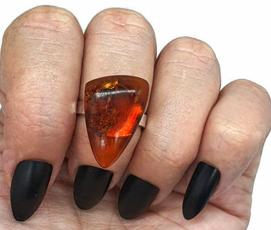 Amber Ring, Adjustable, size 7, Sterling Silver, Triangle Shaped, Cognac Baltic Amber - GemzAustralia 