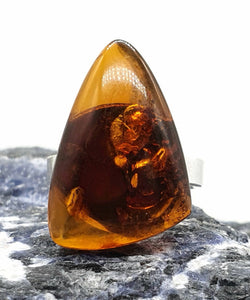 Amber Ring, Adjustable, size 7, Sterling Silver, Triangle Shaped, Cognac Baltic Amber - GemzAustralia 