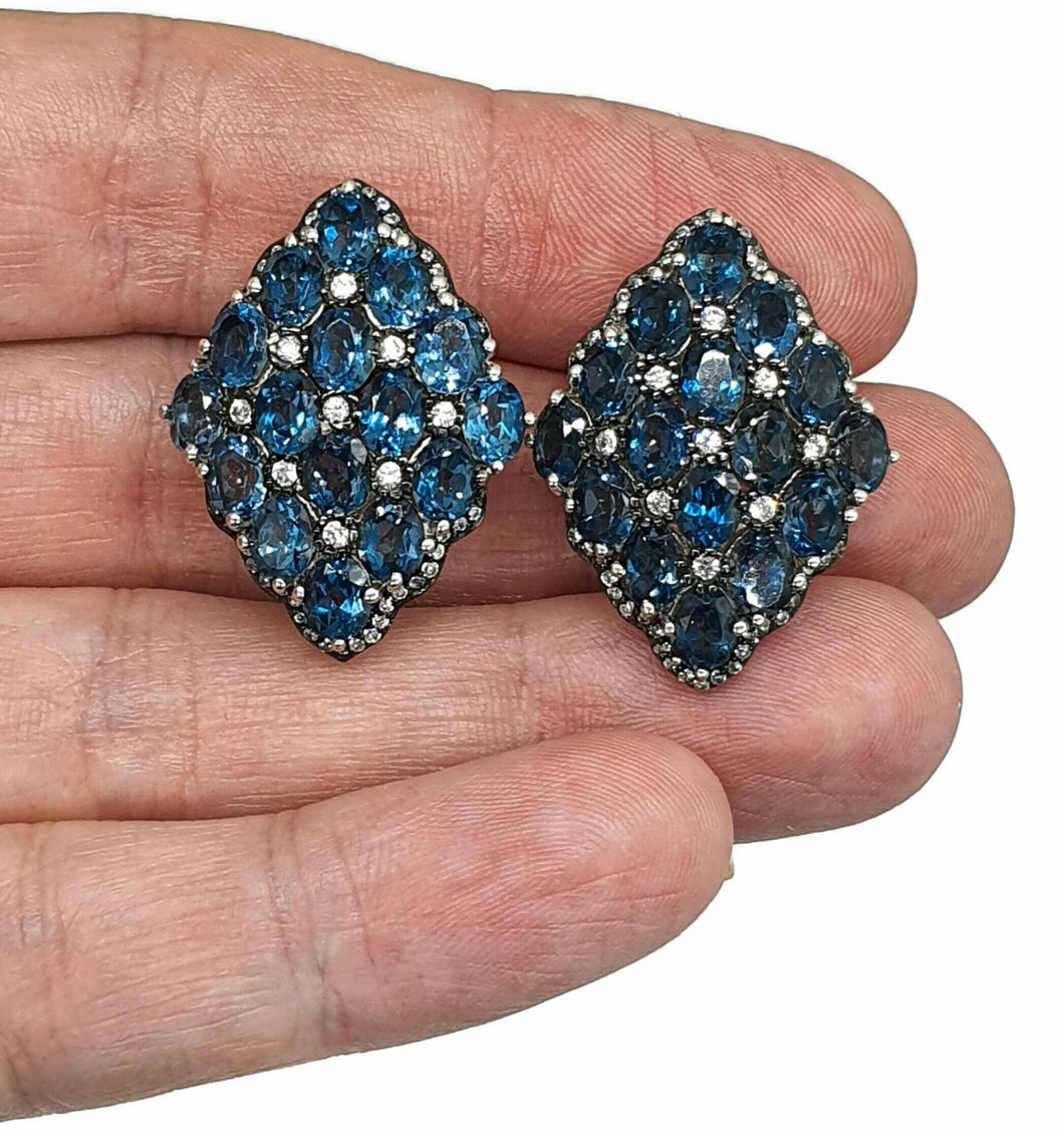 London Blue Topaz & Natural White Zircon Cluster Earrings, Sterling Silver - GemzAustralia 