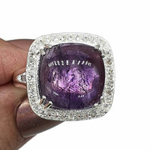 Load image into Gallery viewer, Amethyst Halo Ring, Size 9, Sterling Silver, Square Shaped, Cabochon Amethyst - GemzAustralia 