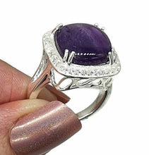 Load image into Gallery viewer, Amethyst Halo Ring, Size 9, Sterling Silver, Square Shaped, Cabochon Amethyst - GemzAustralia 