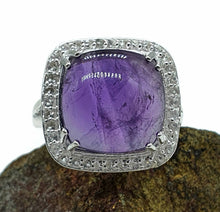 Load image into Gallery viewer, Amethyst Halo Ring, Size 9, Sterling Silver, Square Shaped, Cabochon Amethyst - GemzAustralia 