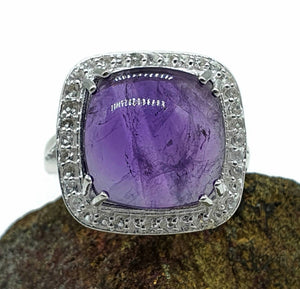 Amethyst Halo Ring, Size 9, Sterling Silver, Square Shaped, Cabochon Amethyst - GemzAustralia 