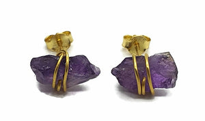 Raw Amethyst Studs, 14K Gold Electroplated, Sterling Silver, February Birthstone - GemzAustralia 