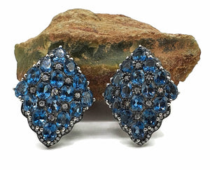 London Blue Topaz & Natural White Zircon Cluster Earrings, Sterling Silver - GemzAustralia 